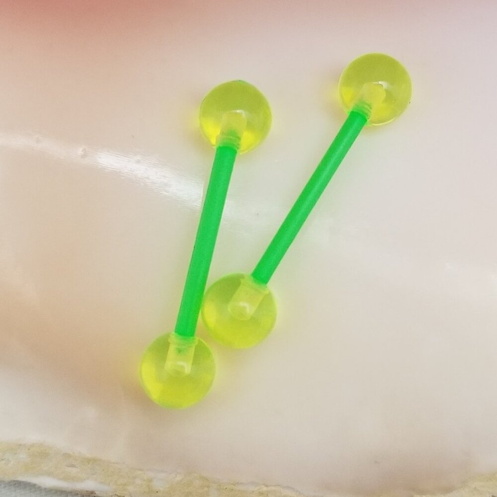 PAIR of Green 14G flexible tongue or nipple retainer with ball ends